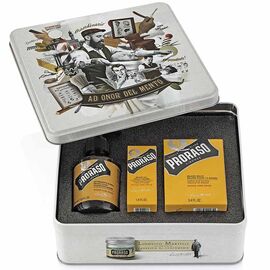 Набір для бороди в металевій коробці Proraso Wood & Spice Beard Kit, balm/100ml + shmp/200ml + oil/30ml, фото 