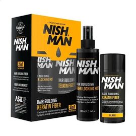 Камуфляжний набір для залисин Nishman Hair Building Keratin Fiber black (пудра, 20 г + фиксатор, 100 мл) чорний, фото 