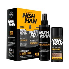 Камуфляжний набір для залисин Nishman Hair Building Keratin Fiber medium brown (пудра, 20 г + фиксатор, 100 мл) Коричневий, фото 