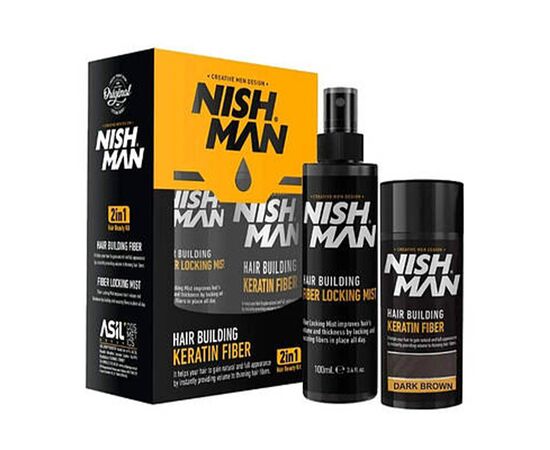 Камуфляжний набір для залисин Nishman Hair Building Keratin Fiber dark brown (пудра, 20 г + фиксатор, 100 мл) темно-коричневий, фото 