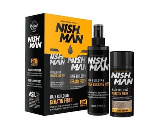 Камуфляжний набір для залисин Nishman Hair Building Keratin Fiber light brown (пудра, 20 г + фиксатор, 100 мл) світло-коричневий, фото 