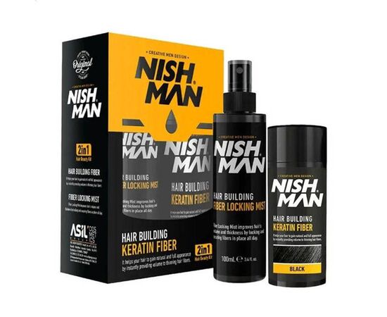 Камуфляжний набір для залисин Nishman Hair Building Keratin Fiber black (пудра, 20 г + фиксатор, 100 мл) чорний, фото 