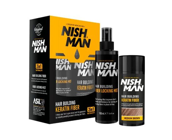 Камуфляжний набір для залисин Nishman Hair Building Keratin Fiber medium brown (пудра, 20 г + фиксатор, 100 мл) Коричневий, фото 